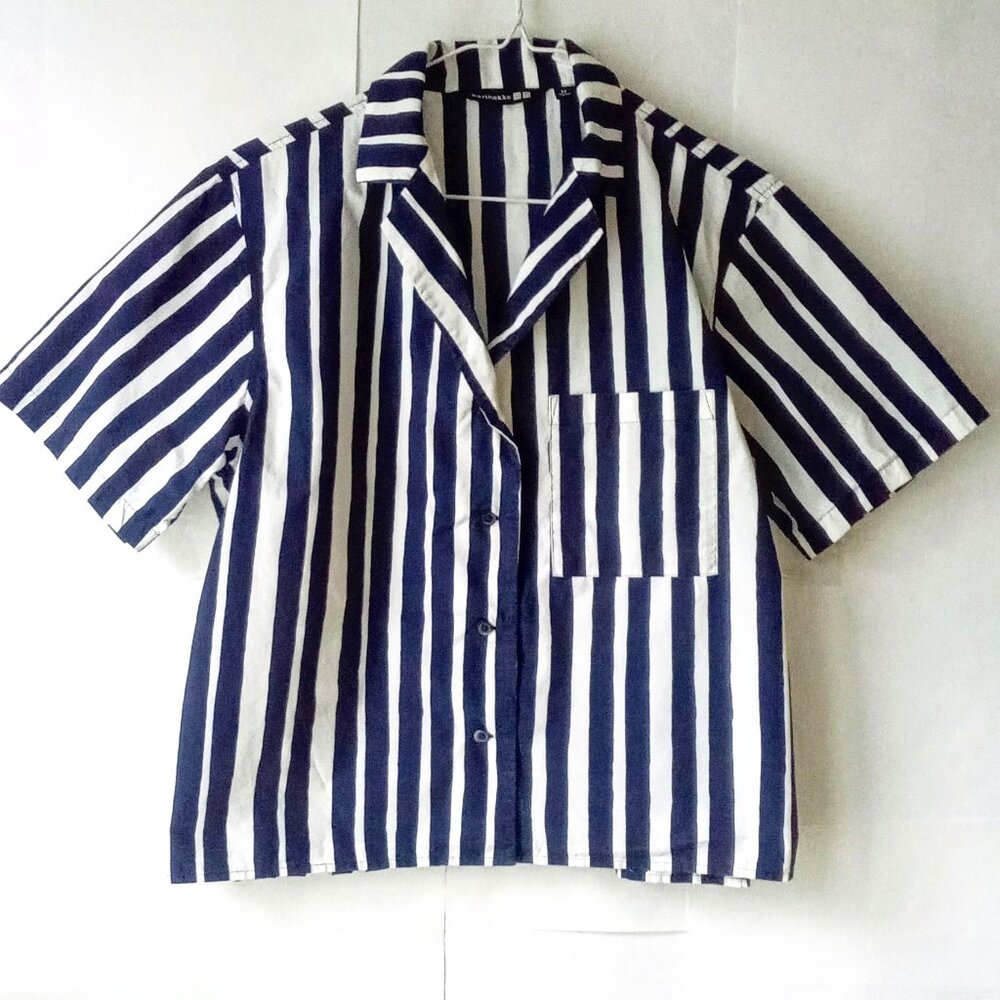 Marimekko Navy and White Striped Button Down Shirt